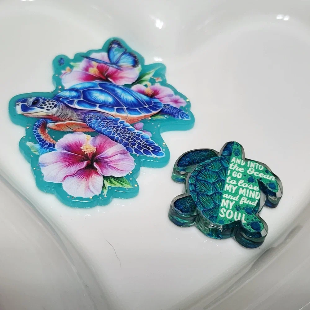 Sea Turtle Flatback Focal Bead Flats Glitterback Ocean Beach Badge Keychain Pen